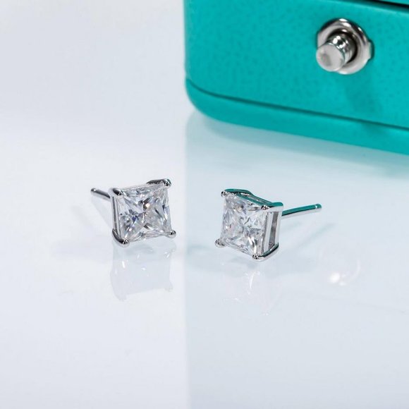 Certified 4ct. t.w. Moissanite Diamond Princess Cut Stud Earrings NEW - Picture 4 of 13